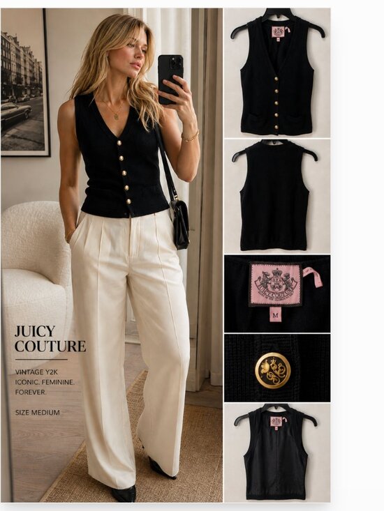 Juicy Couture Jackets & Blazers - Vintage Juicy Couture Crest Crown Sweater Vest Black Gold Button Y2K Preppy Size